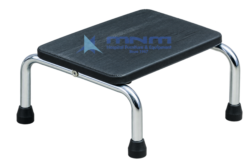 Hospital single step foot stool with a black ribbed rubber tread on a chrome-plated tubular steel frame with rubber feet