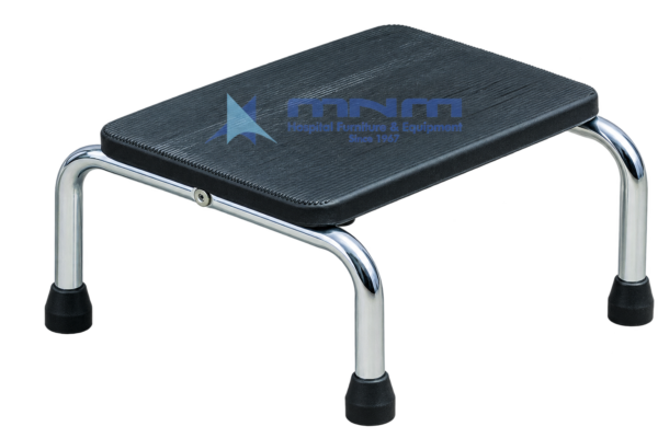 Hospital single step foot stool with a black ribbed rubber tread on a chrome-plated tubular steel frame with rubber feet