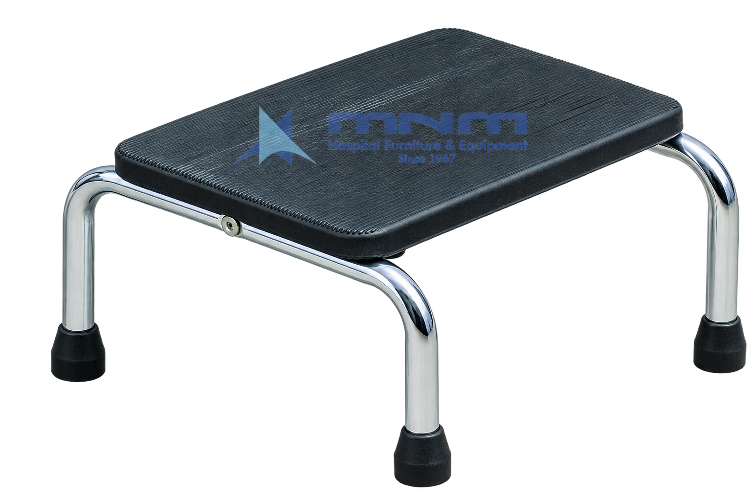 Single Step Foot Stool with Chrome Frame and Rubber Top Hospital single step foot stool with a black ribbed rubber tread on a chrome-plated tubular steel frame with rubber feet