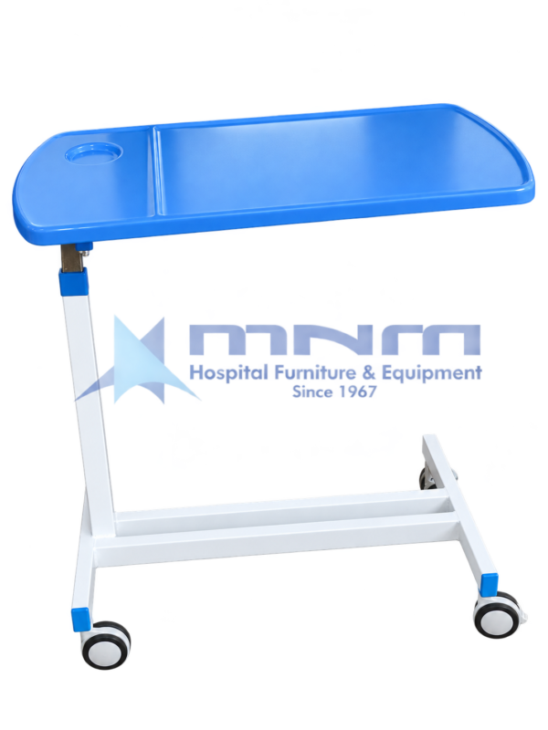 Hospital overbed table with a one-piece blue ABS top, raised rim, built-in cup holder, white single column and an offset H-shaped base on four castors