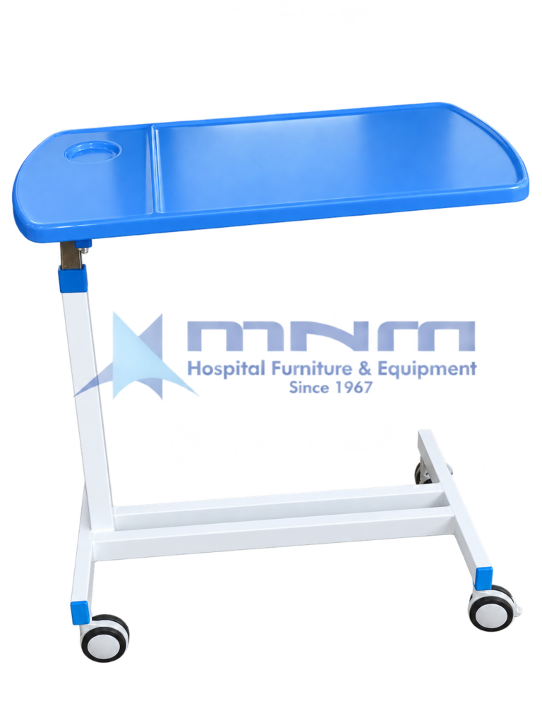 Hospital overbed table with a one-piece blue ABS top, raised rim, built-in cup holder, white single column and an offset H-shaped base on four castors