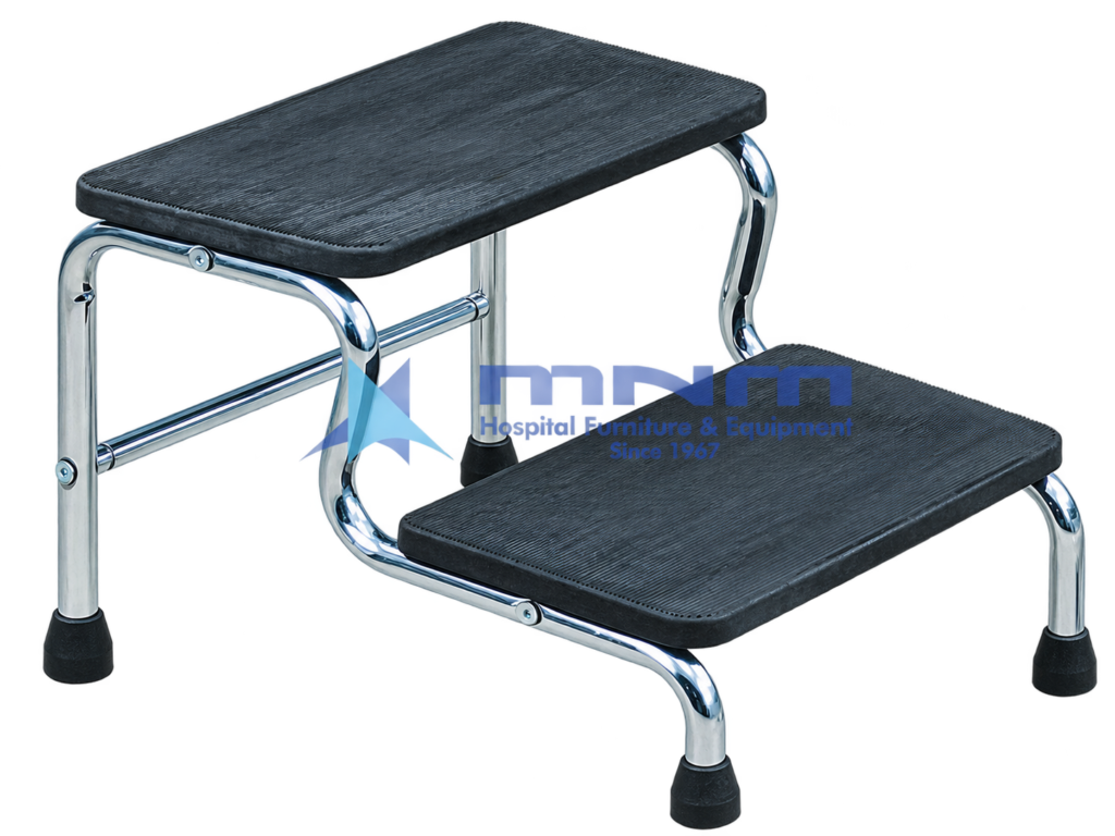 Hospital double step foot stool with two black ribbed rubber treads on a chrome-plated tubular steel frame with a cross bar and rubber feet