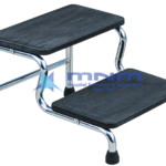 Hospital double step foot stool with two black ribbed rubber treads on a chrome-plated tubular steel frame with a cross bar and rubber feet