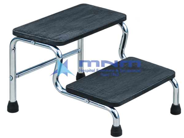 Hospital double step foot stool with two black ribbed rubber treads on a chrome-plated tubular steel frame with a cross bar and rubber feet