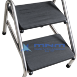 Hospital double step foot stool with two ribbed rubber treads on a stainless steel tubular frame with arched side rails and rubber feet
