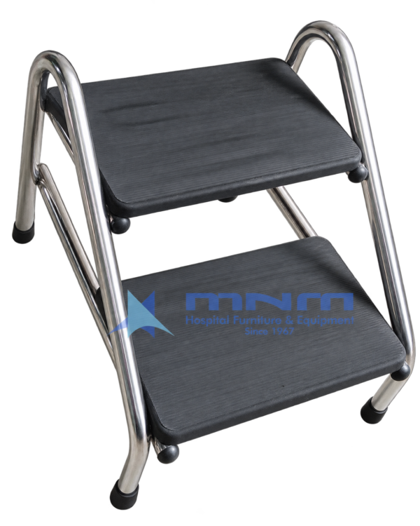 Hospital double step foot stool with two ribbed rubber treads on a stainless steel tubular frame with arched side rails and rubber feet