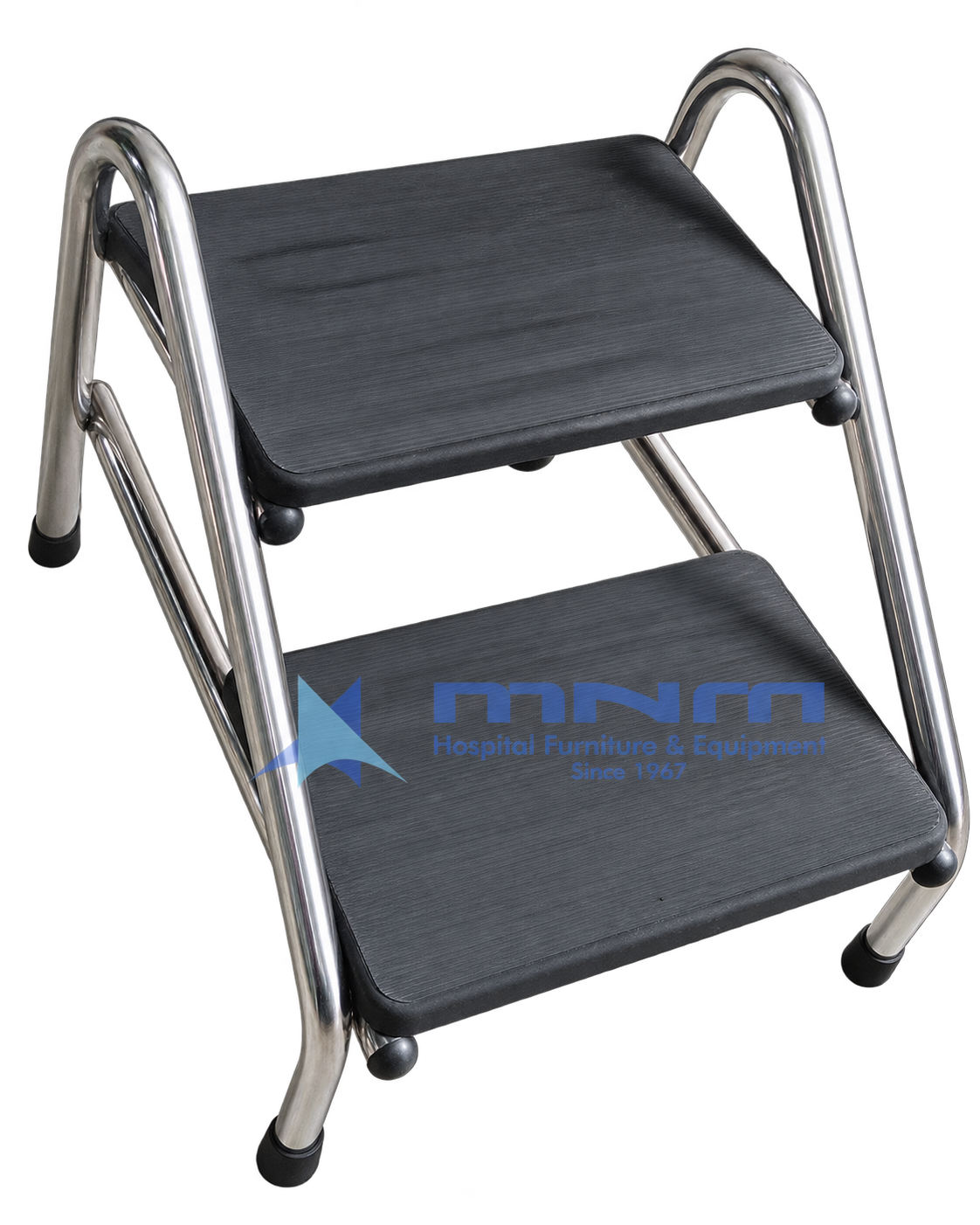Double Step Foot Stool with Stainless Steel Handrail Frame Hospital double step foot stool with two ribbed rubber treads on a stainless steel tubular frame with arched side rails and rubber feet