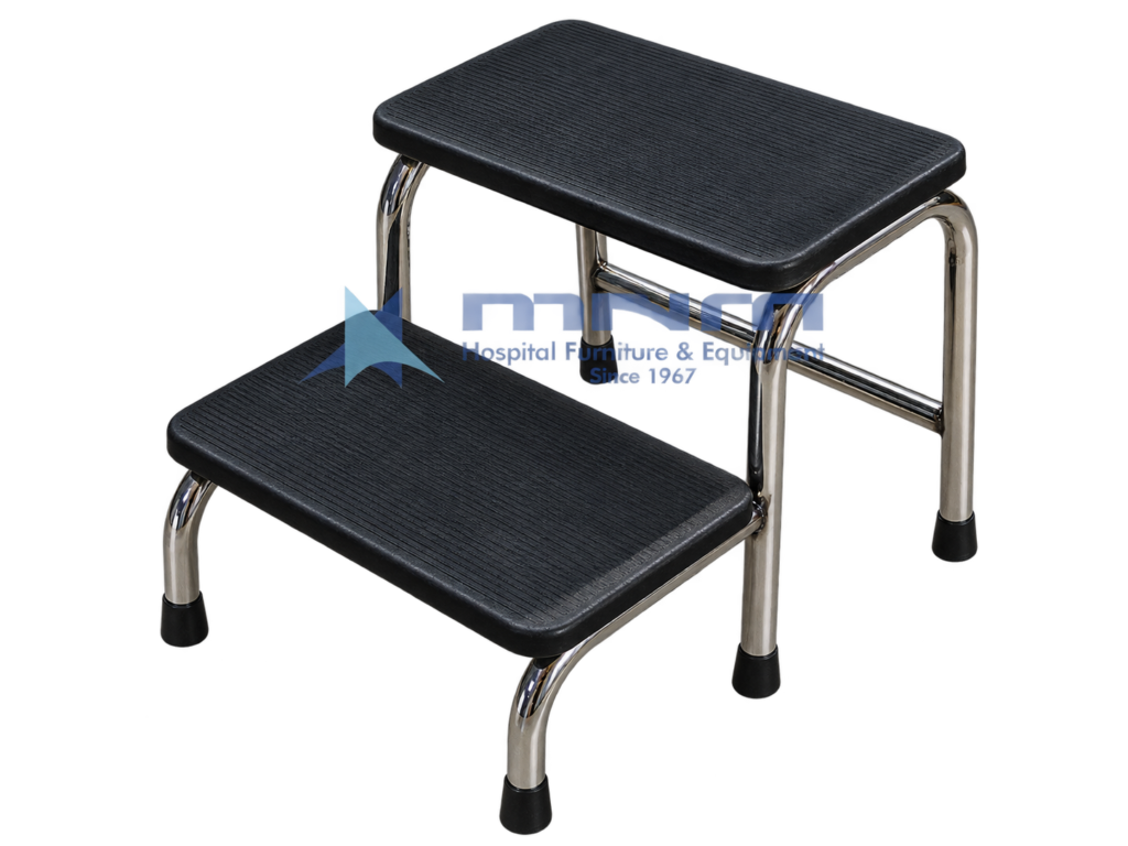 Hospital double step foot stool with two black ribbed rubber treads on a stainless steel tubular frame with a cross bar and rubber feet