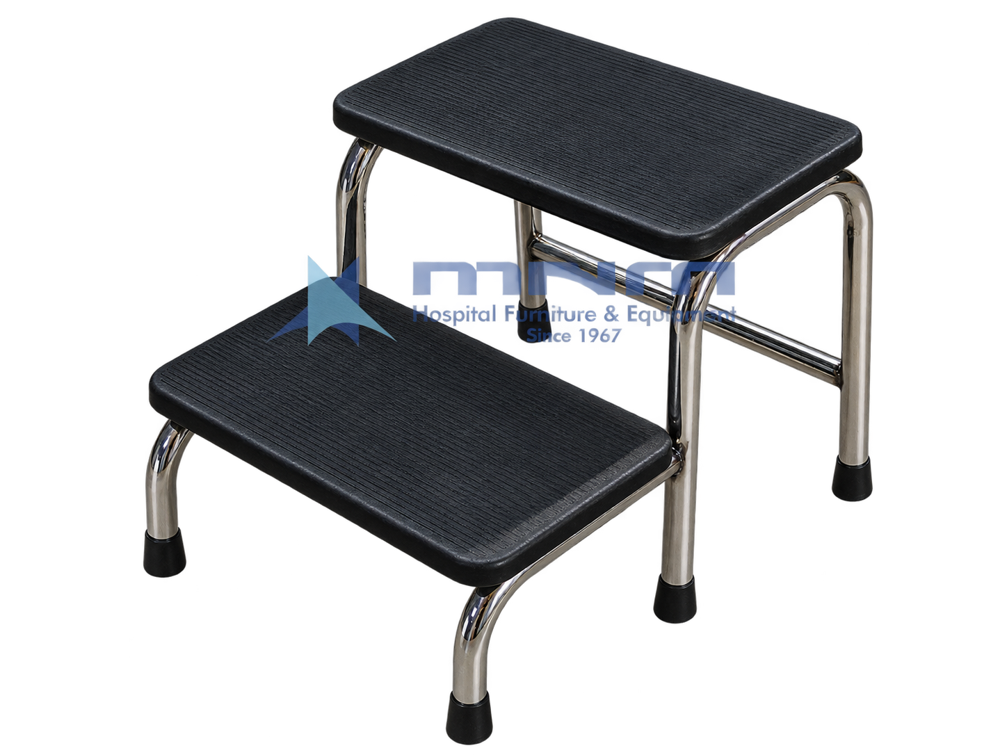 Double Step Foot Stool Stainless Steel with Rubber Treads Hospital double step foot stool with two black ribbed rubber treads on a stainless steel tubular frame with a cross bar and rubber feet