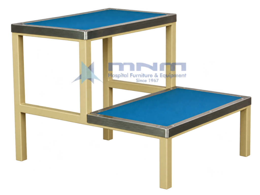Hospital double step foot stool with blue anti-slip treads edged in stainless steel trim on a cream powder-coated square steel frame