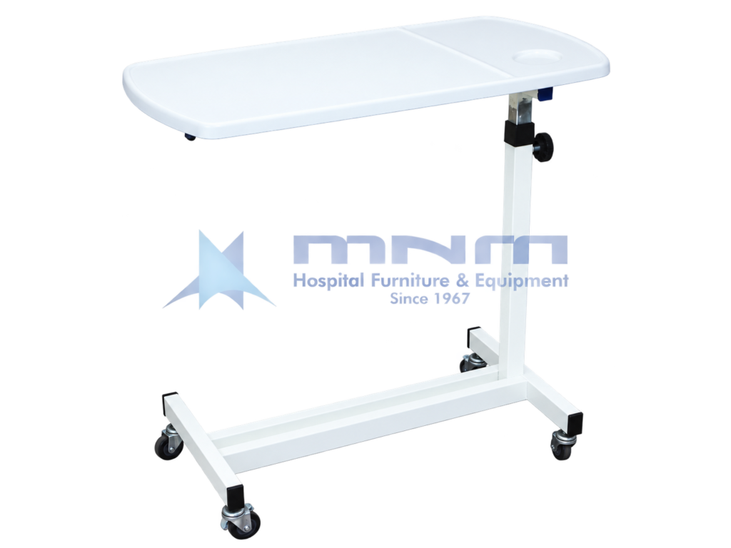 Hospital overbed table with a white ABS top, raised rim and built-in cup holder, white column with knob height lock and an H-shaped base on four castors