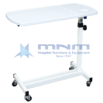 Hospital overbed table with a white ABS top, raised rim and built-in cup holder, white column with knob height lock and an H-shaped base on four castors