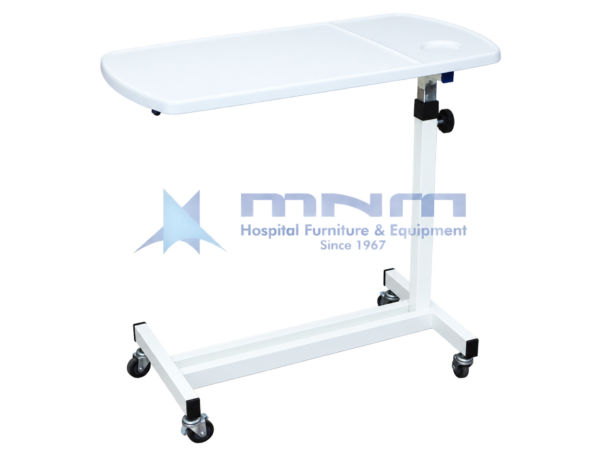 Hospital overbed table with a white ABS top, raised rim and built-in cup holder, white column with knob height lock and an H-shaped base on four castors