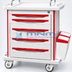 ABS emergency crash cart trolley in red and white with stainless steel guard rail, lockable top drawer, six drawers and twin waste bins on castors