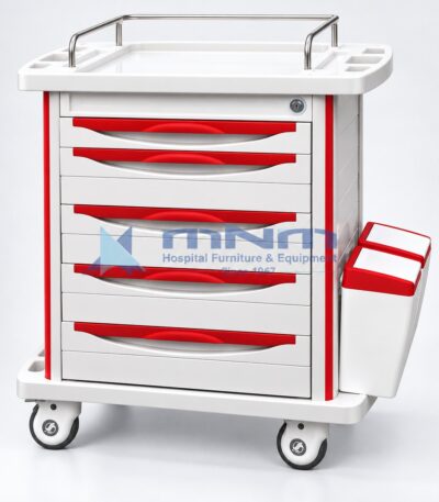 ABS emergency crash cart trolley in red and white with stainless steel guard rail, lockable top drawer, six drawers and twin waste bins on castors