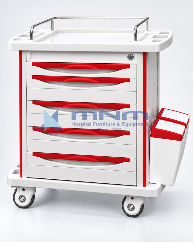 ABS emergency crash cart trolley in red and white with stainless steel guard rail, lockable top drawer, six drawers and twin waste bins on castors