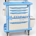 ABS emergency crash cart trolley in blue and white with IV pole, defibrillator shelf, side waste bin, utility basket and six drawers on castors