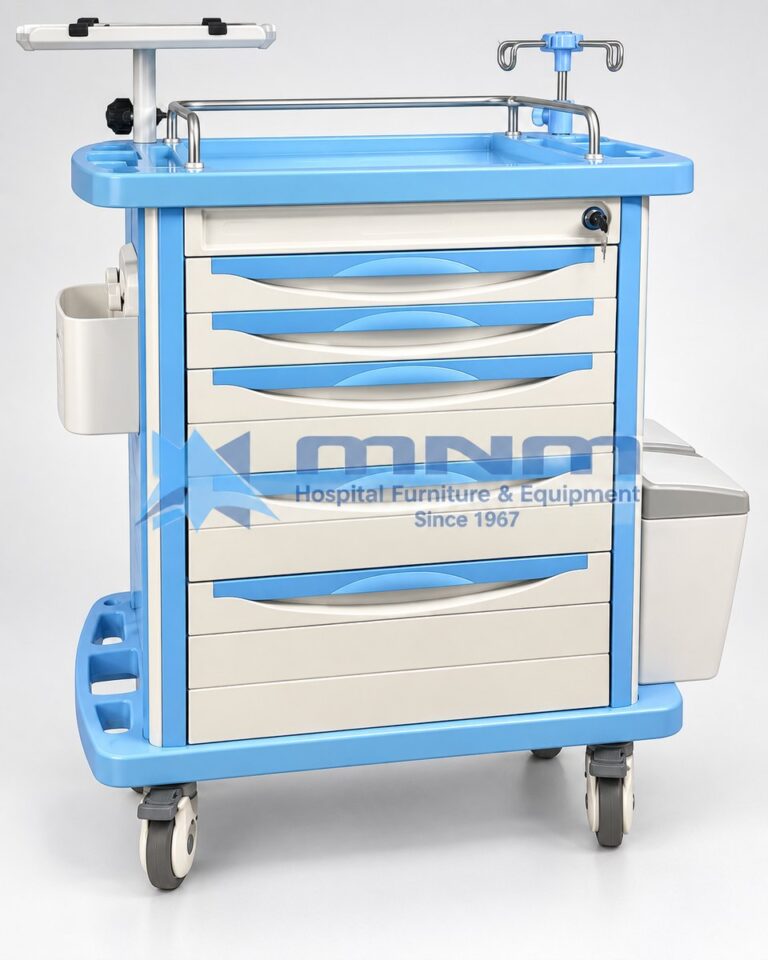 ABS emergency crash cart trolley in blue and white with IV pole, defibrillator shelf, side waste bin, utility basket and six drawers on castors