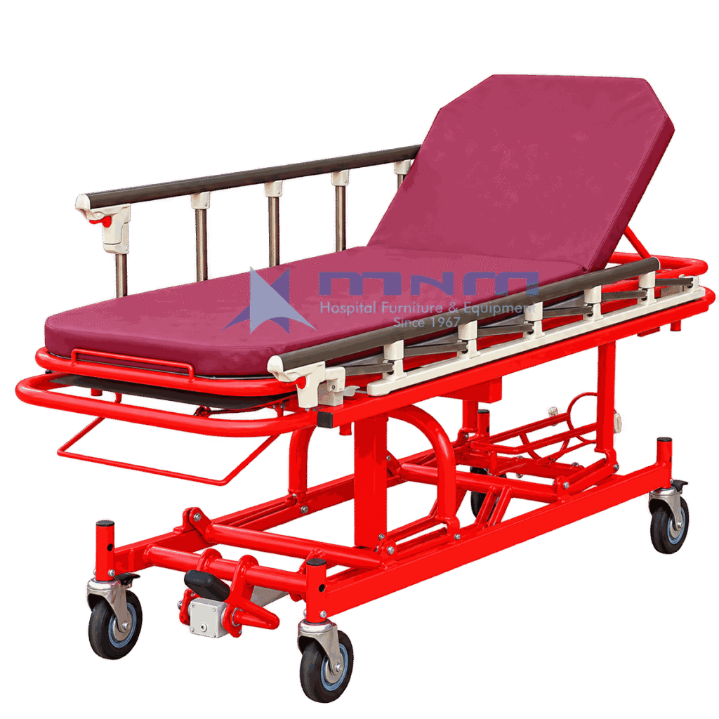 Red ambulance stretcher with collapsible undercarriage, loading wheels at the head end, raised backrest and drop-down side rails