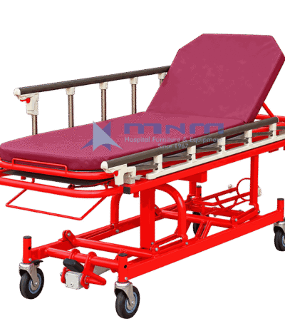 Red ambulance stretcher with collapsible undercarriage, loading wheels at the head end, raised backrest and drop-down side rails