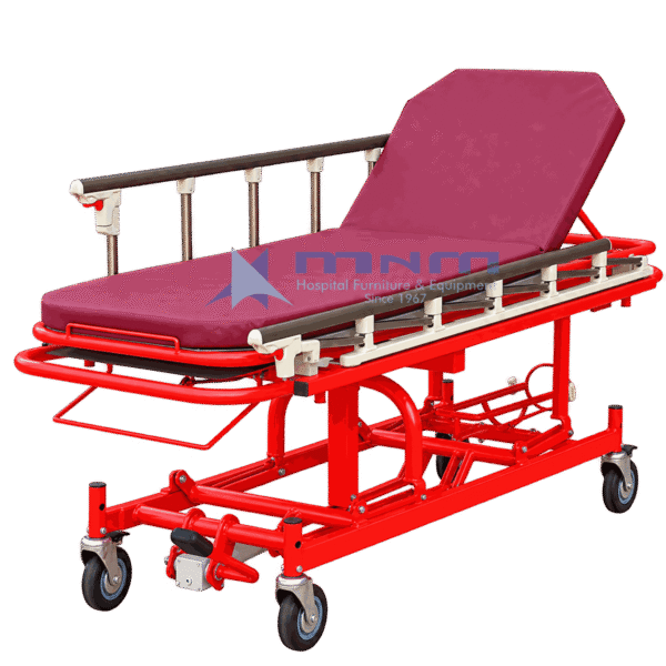 Red ambulance stretcher with collapsible undercarriage, loading wheels at the head end, raised backrest and drop-down side rails