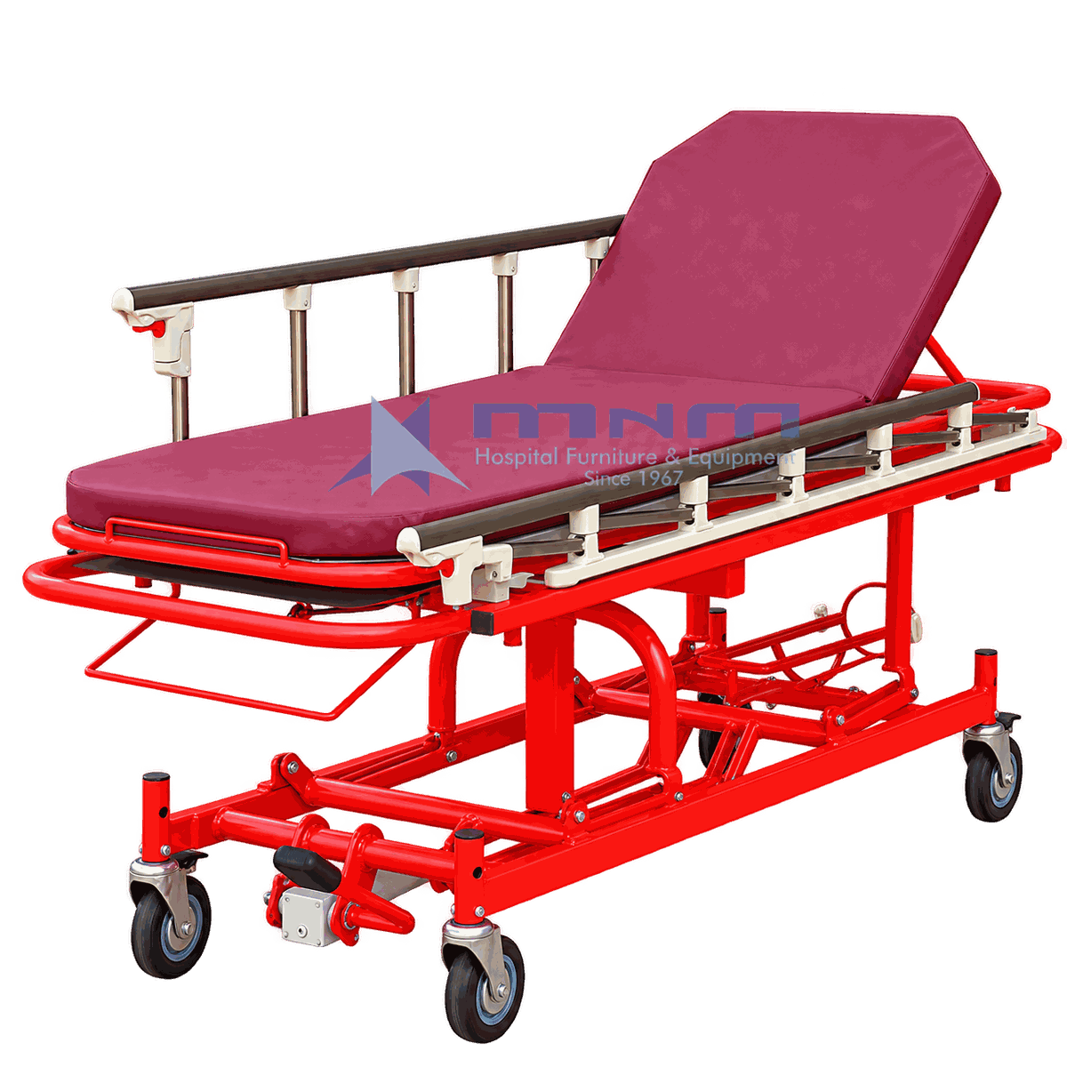 Ambulance Stretcher with Foldable Undercarriage and Loading Wheels Red ambulance stretcher with collapsible undercarriage, loading wheels at the head end, raised backrest and drop-down side rails