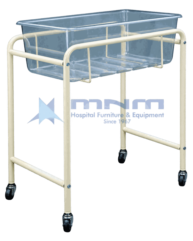 Baby cot with clear acrylic crib on a cream powder-coated tubular steel frame with cross bracing and four castors