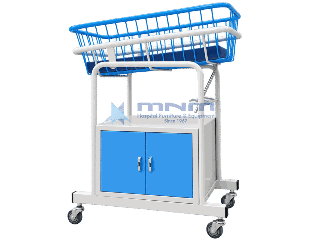 Baby cot with blue wire basket crib tilted on a white frame over a lockable two door cabinet with blue doors, on four castors