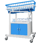 Baby cot with blue wire basket crib tilted on a white frame over a lockable two door cabinet with blue doors, on four castors