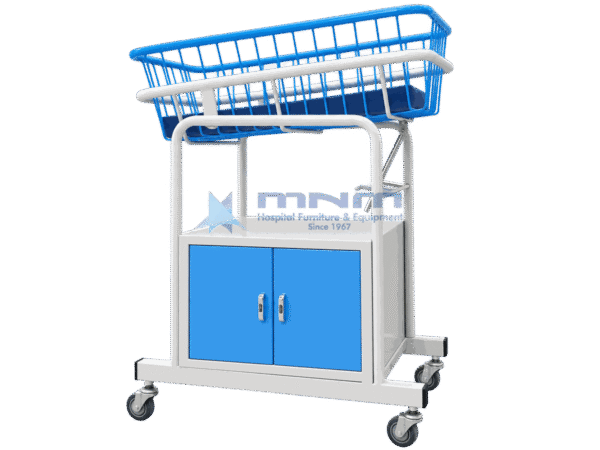 Baby cot with blue wire basket crib tilted on a white frame over a lockable two door cabinet with blue doors, on four castors