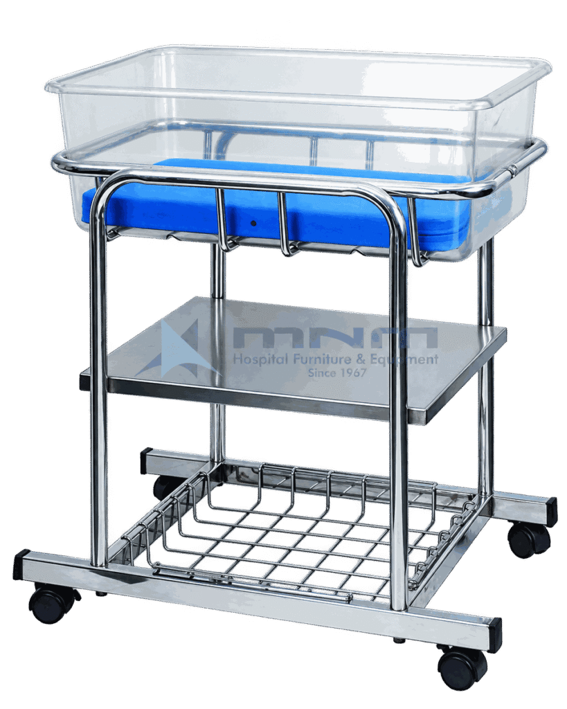Stainless steel baby cot with clear acrylic crib, blue mattress, solid stainless undershelf and a lower wire basket on castors