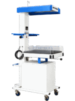 Rear view of a baby warmer showing the plain back face of the cabinet base, the coiled mains lead and the four castors