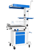 Baby warmer shown from an angle with both blue side trays extended, the crank handle visible and the cabinet base with blue drawer and door
