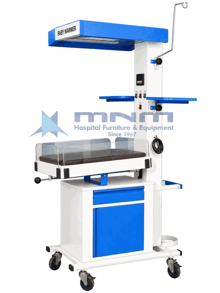 Baby warmer with blue overhead radiant heater head, crank handle for height adjustment, clear acrylic walls, blue side trays and a white cabinet base with drawer and door on castors