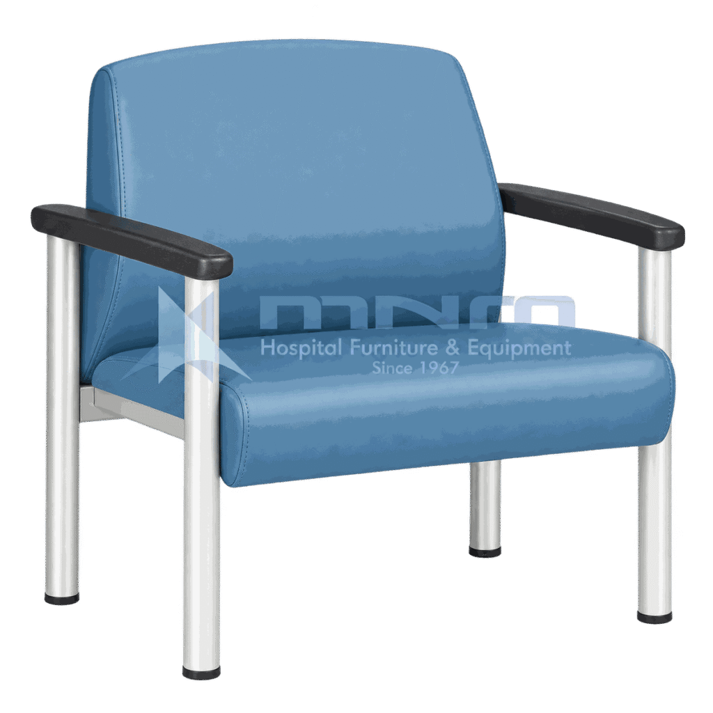 Wide seat bariatric chair with blue upholstered seat and back, black moulded armrests and round anodised aluminium legs with floor glides