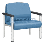 Wide seat bariatric chair with blue upholstered seat and back, black moulded armrests and round anodised aluminium legs with floor glides