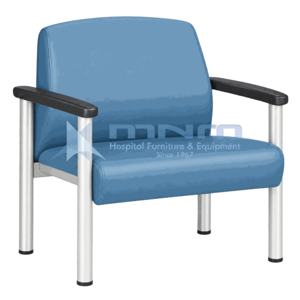 Wide seat bariatric chair with blue upholstered seat and back, black moulded armrests and round anodised aluminium legs with floor glides
