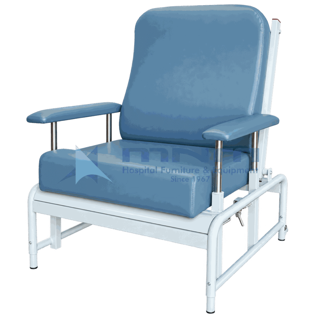 Wide bariatric chair with blue grey upholstered high back and deep seat, padded armrests on chrome posts, white powder-coated tubular steel frame with side recline lever and levelling feet