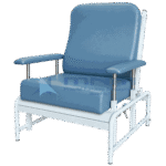 Wide bariatric chair with blue grey upholstered high back and deep seat, padded armrests on chrome posts, white powder-coated tubular steel frame with side recline lever and levelling feet