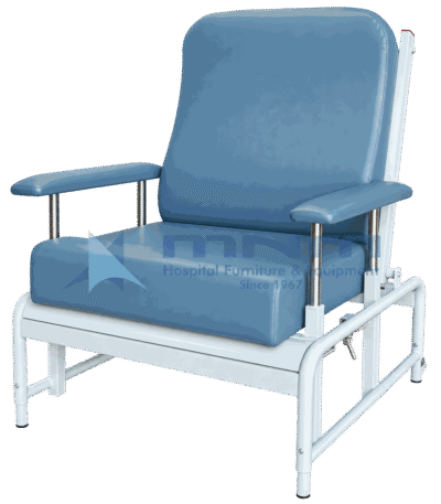 Wide bariatric chair with blue grey upholstered high back and deep seat, padded armrests on chrome posts, white powder-coated tubular steel frame with side recline lever and levelling feet