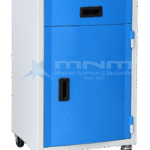 Hospital bedside locker with white powder-coated body, blue drawer and cupboard door with recessed black handles, dark laminate top and four castors