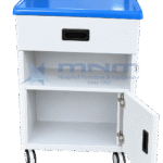 White hospital bedside locker with a deep blue moulded tray top, one drawer with recessed handle, an open shelf and the lower cupboard door open, on four castors