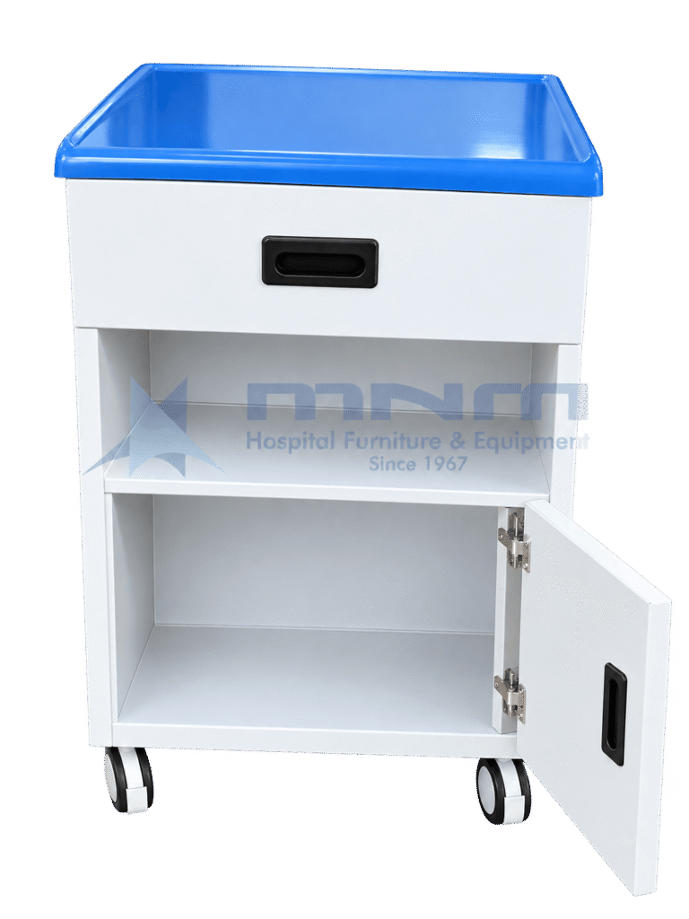 White hospital bedside locker with a deep blue moulded tray top, one drawer with recessed handle, an open shelf and the lower cupboard door open, on four castors