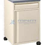 Cream powder-coated hospital bedside locker with grey moulded tray top with a raised lip, one drawer over a hinged cupboard, on four castors