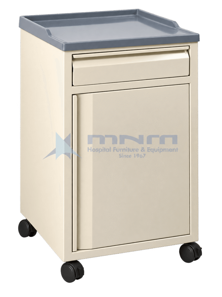 Cream powder-coated hospital bedside locker with grey moulded tray top with a raised lip, one drawer over a hinged cupboard, on four castors
