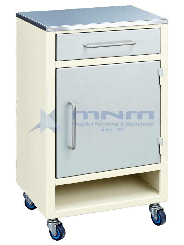Hospital bedside locker with stainless steel top, grey drawer and cupboard door, cream powder-coated body, open shelf at the base and four castors