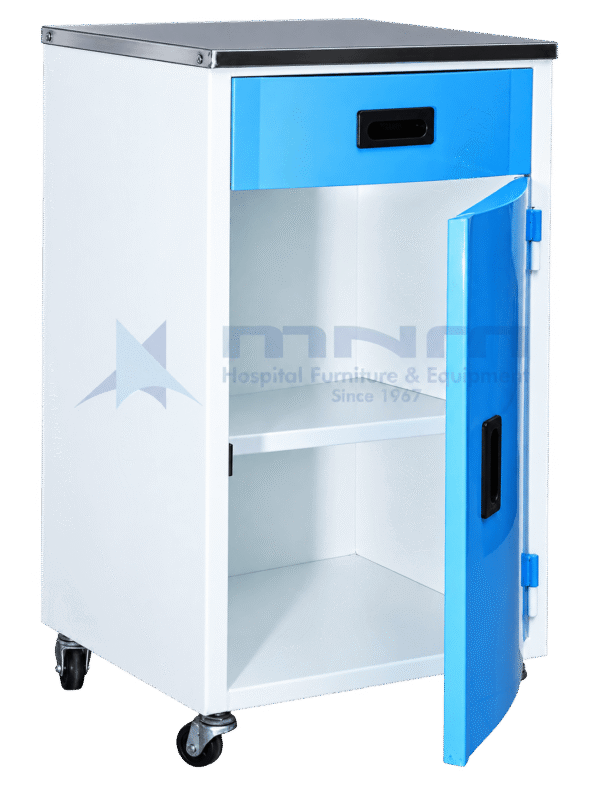 Hospital bedside locker with stainless steel top, blue drawer with recessed handle and the cupboard door open showing an internal shelf, on four castors