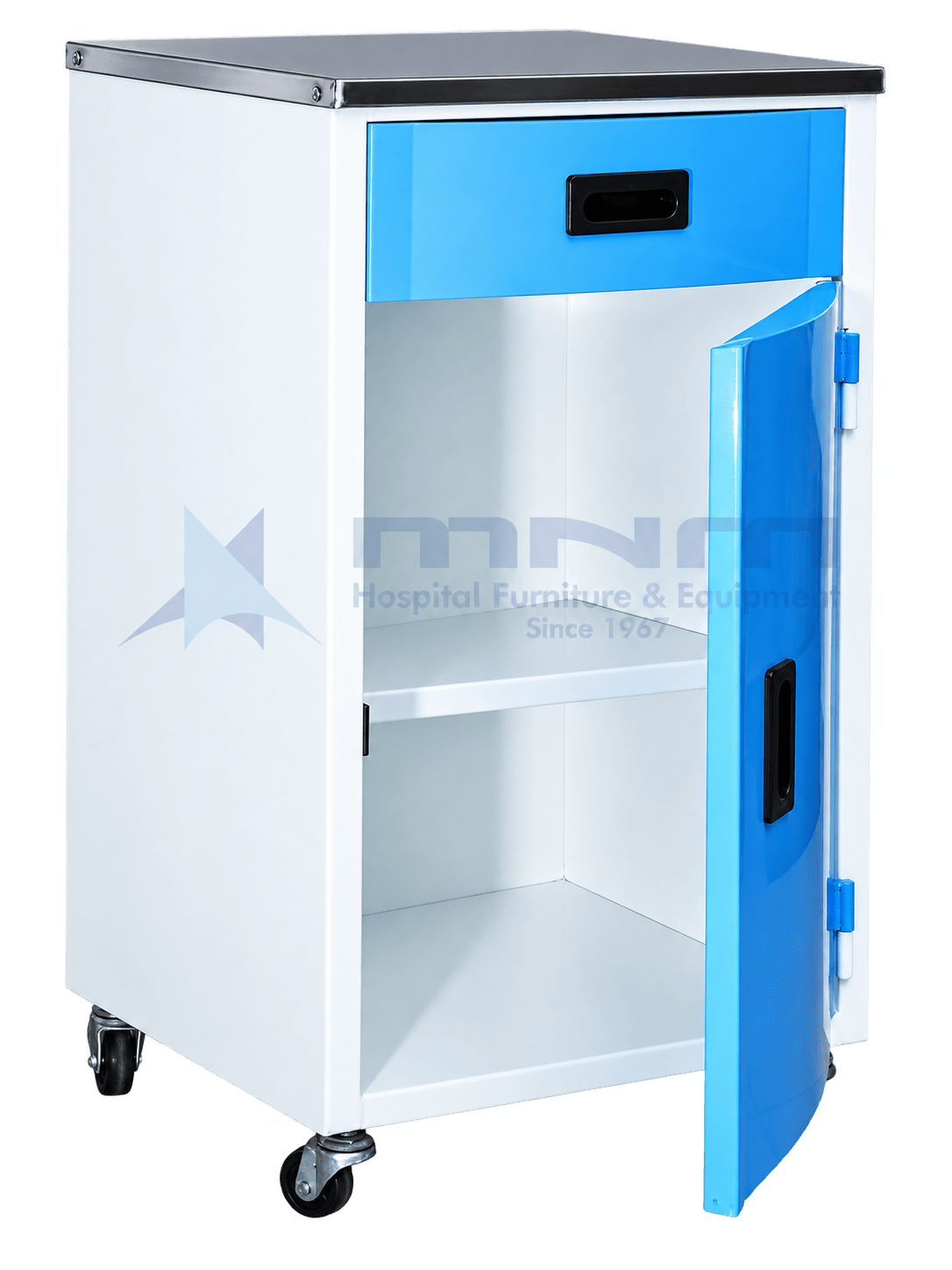 Bedside Locker with Stainless Steel Top and Internal Shelf Hospital bedside locker with stainless steel top, blue drawer with recessed handle and the cupboard door open showing an internal shelf, on four castors