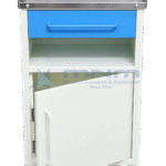 Cream powder-coated hospital bedside locker on four legs, with a stainless steel tray top with raised rim, blue drawer, open shelf and an open cupboard door