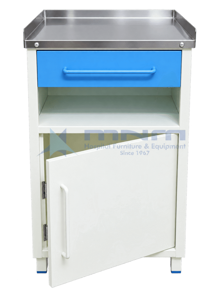 Cream powder-coated hospital bedside locker on four legs, with a stainless steel tray top with raised rim, blue drawer, open shelf and an open cupboard door